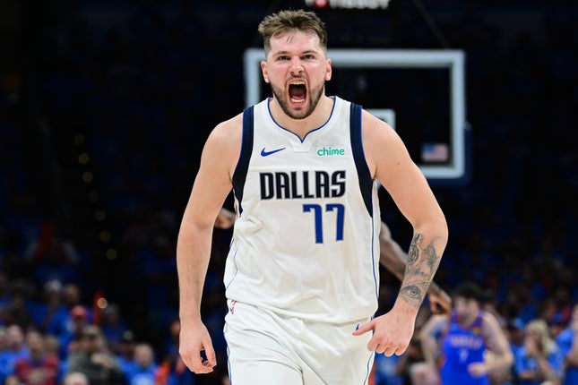 OKLAHOMA CITY, OK - MAY 09: Luka Doncic #77 of the Dallas Mavericks during the Western Conference Game #7 on May 9, 2024 in Oklahoma City, Oklahoma Reacting in the fourth quarter against the Oklahoma City Thunder in Game 2 of the second round playoffs. NOTE TO USER: User expressly acknowledges and agrees that by downloading and/or using this photo, user agrees to the terms and conditions of the Getty Images License Agreement.  (Photo by Joshua Gately/Getty Images)